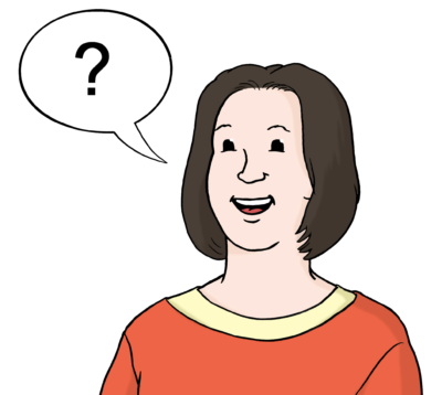 Zeichnung: Eine Sprechblase mit einem Fragezeichen schwebt links am Gesicht einer Frau