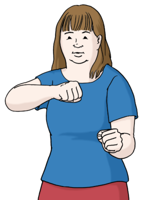 Zeichnung: Eine Frau im blauen T-Shirt hat die Fäuste erhoben